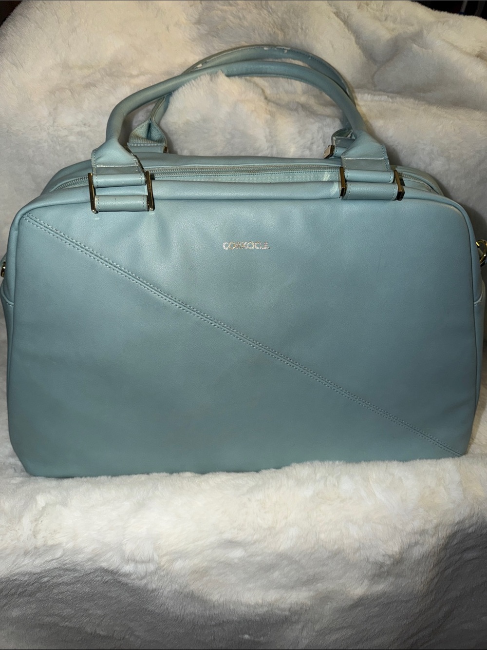 Corkcicle Light Blue Leather Satchel with Gold Hardware